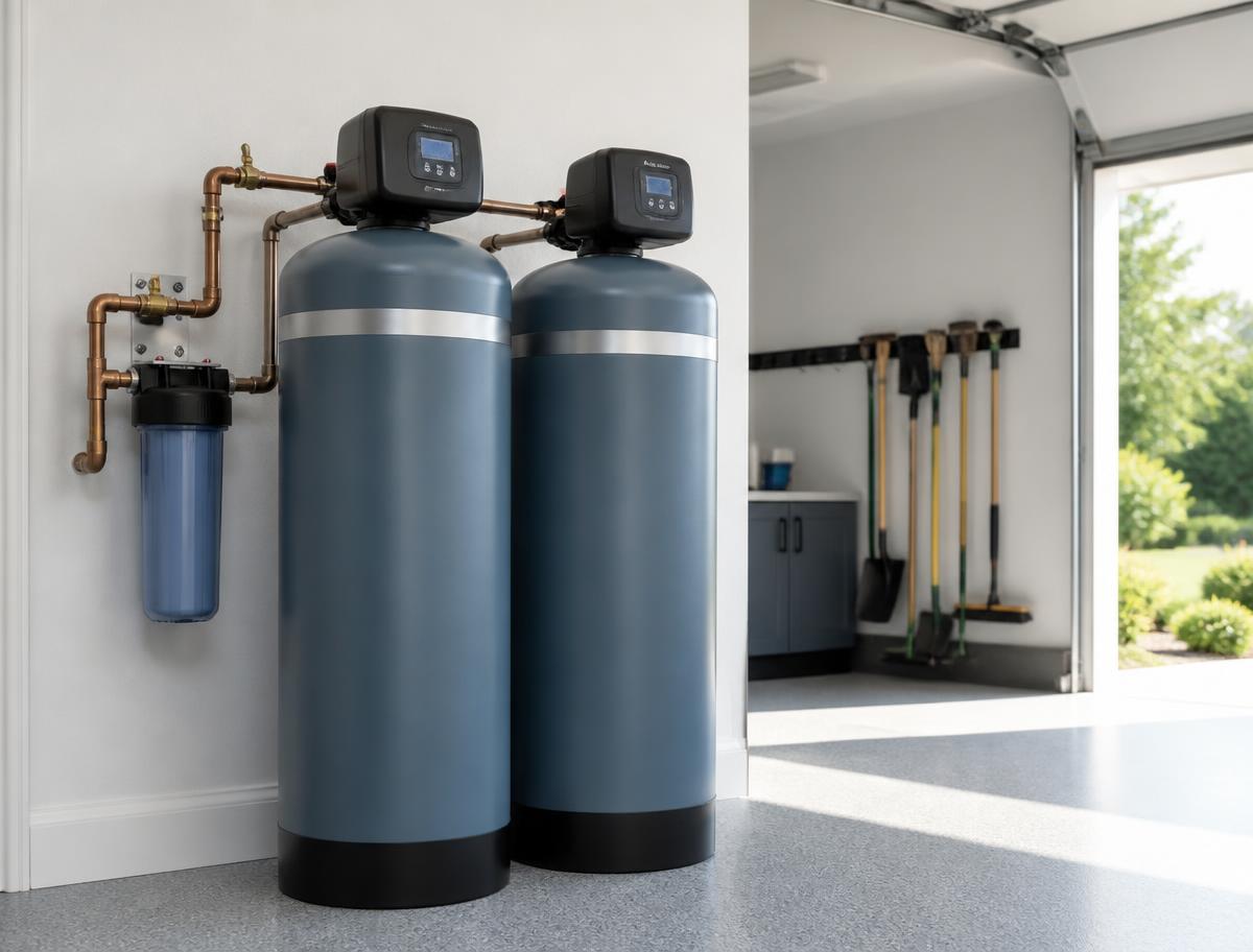 Whole-home water softener and filtration tanks installed in a garage